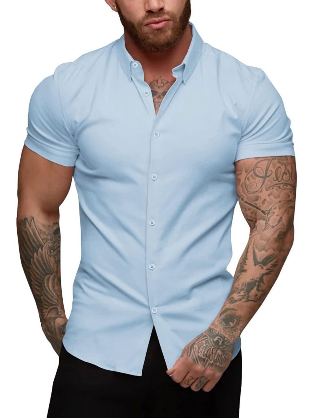 Slim Fit Muscle Dress Shirt for Men - Stretch Short Sleeve Casual Button Down